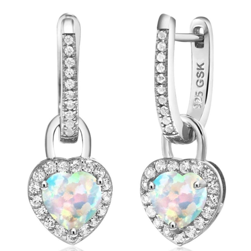925 Sterling Silver 2.00 Cttw White Opal and White Sapphire Heart Drop Earrings